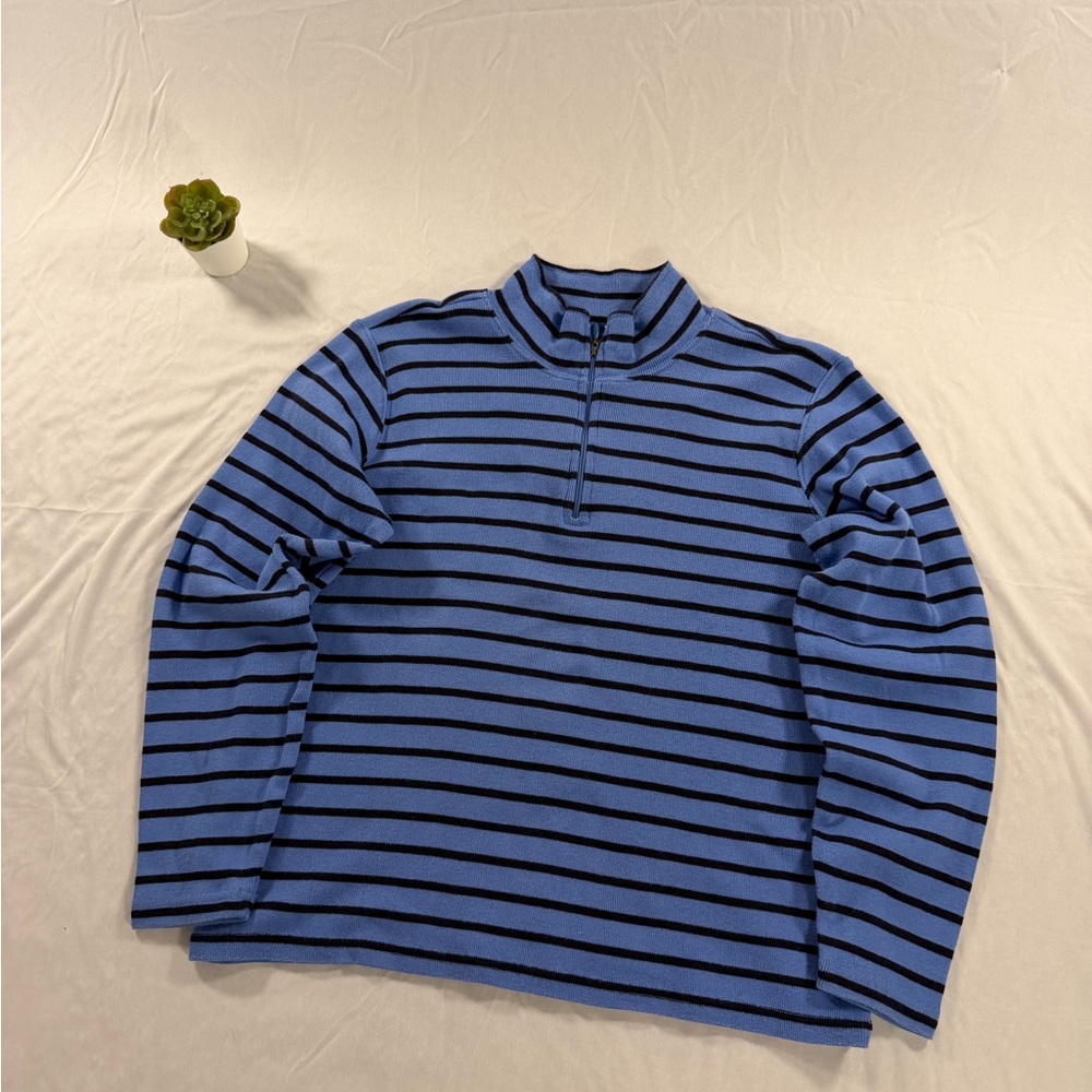 LL Bean Womens Blue Striped Long Sleeve 1/4 Zip Ribbed Pullover Plus Size XL